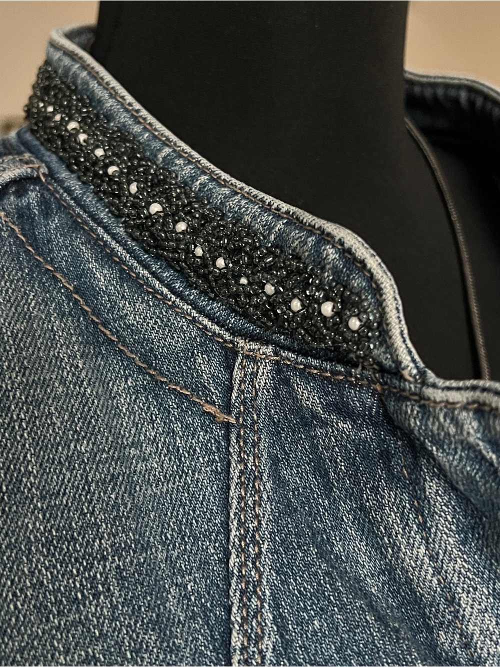Washed Blue Denim Jacket with Bead-Trim Stand Collar - Picture 7 of 15